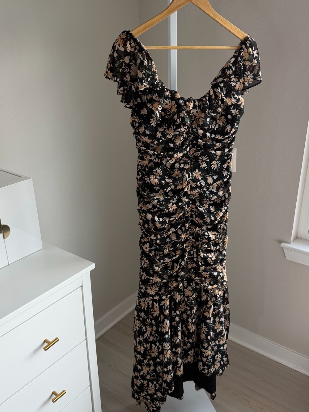 Black Floral Maxi Dress with Ruffle Neckline